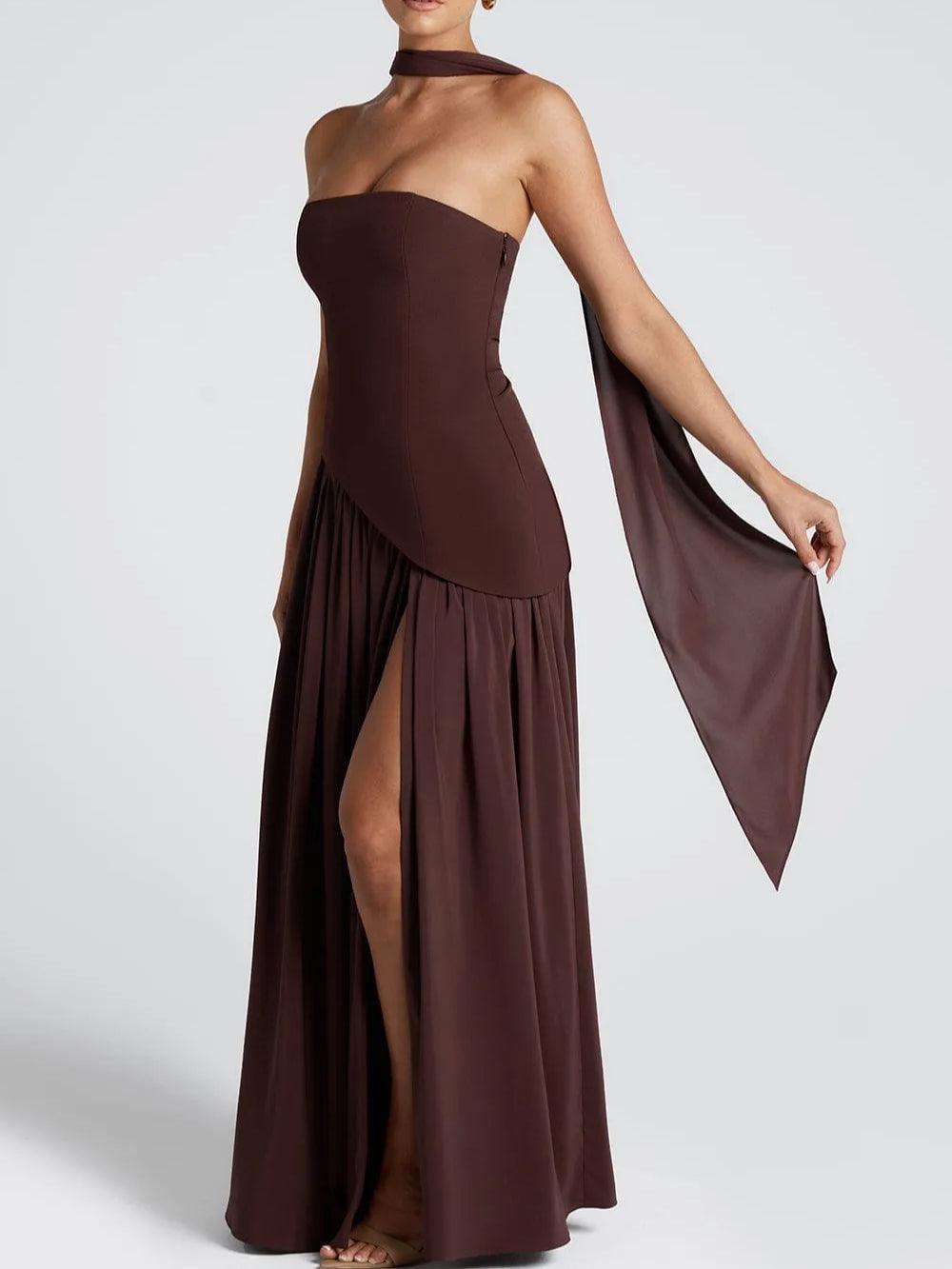 Elegant Satin Maxi Dress for Women with Strapless Scarf Drape High Slit Flowing Formal Wedding Guest Style