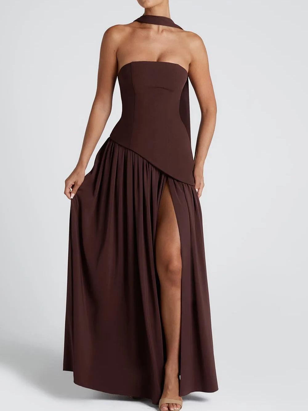 Elegant Satin Maxi Dress for Women with Strapless Scarf Drape High Slit Flowing Formal Wedding Guest Style