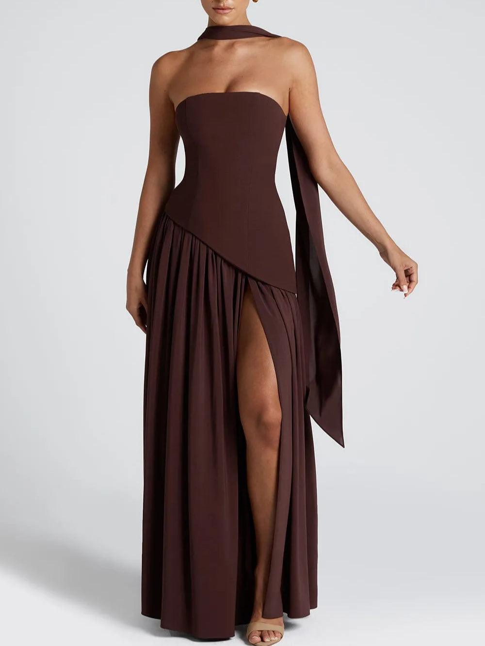Elegant Satin Maxi Dress for Women with Strapless Scarf Drape High Slit Flowing Formal Wedding Guest Style