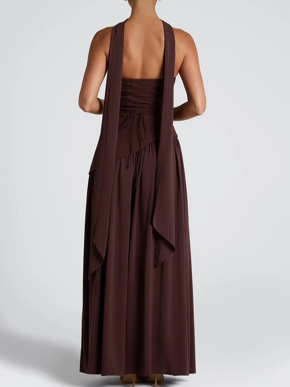 Elegant Satin Maxi Dress for Women with Strapless Scarf Drape High Slit Flowing Formal Wedding Guest Style