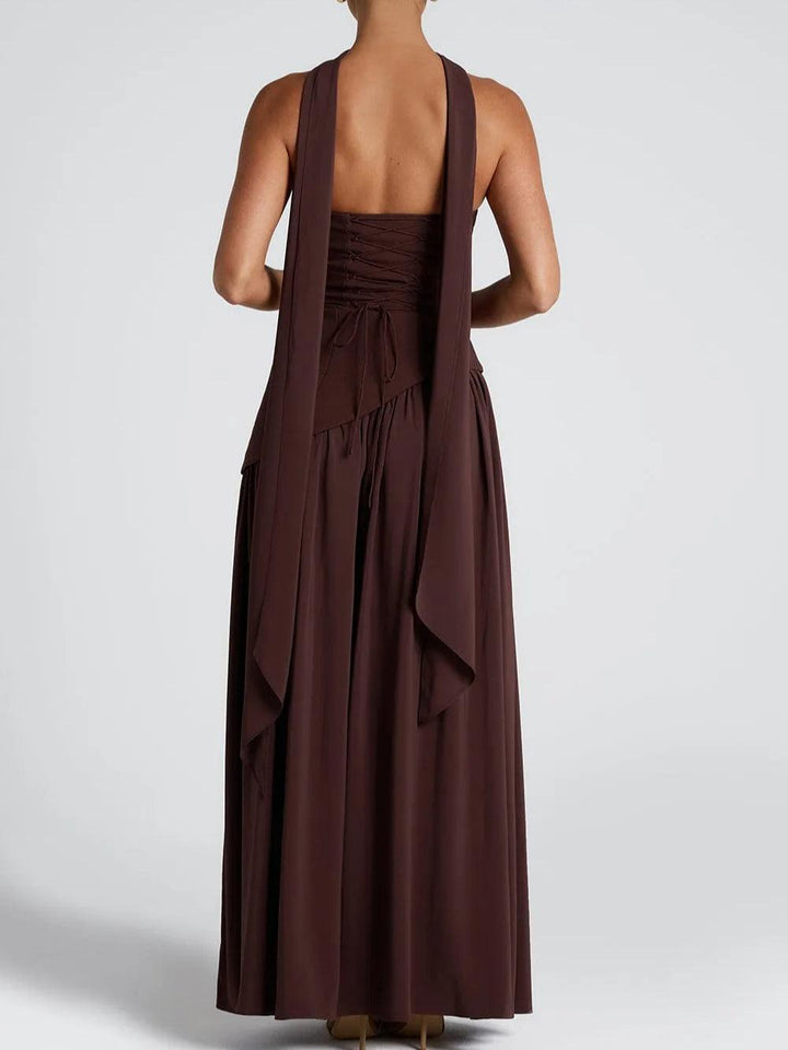 Elegant Satin Maxi Dress for Women with Strapless Scarf Drape High Slit Flowing Formal Wedding Guest Style