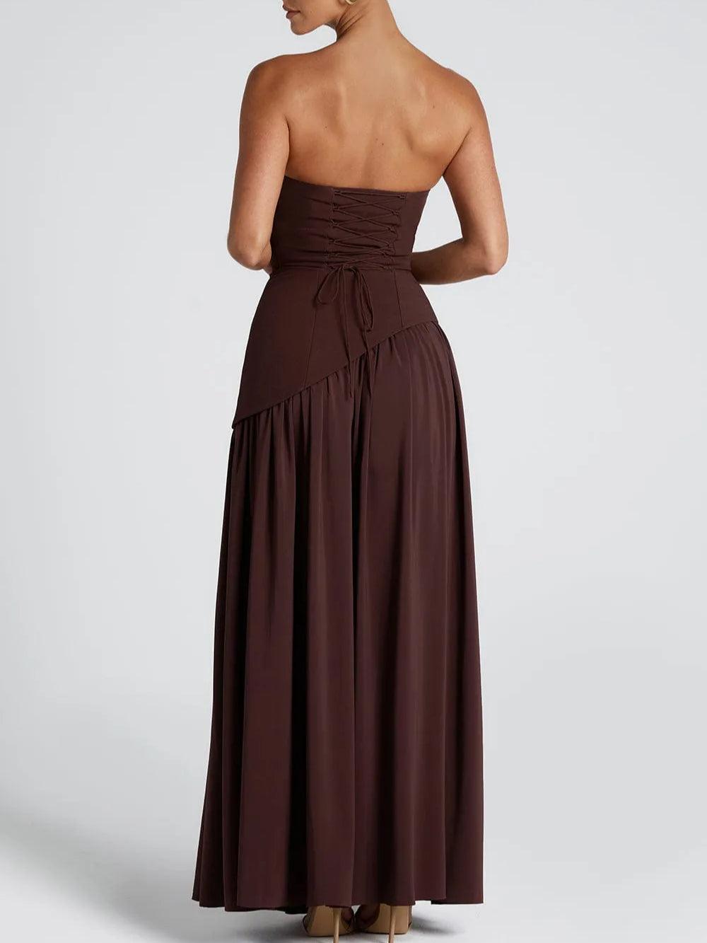 Elegant Satin Maxi Dress for Women with Strapless Scarf Drape High Slit Flowing Formal Wedding Guest Style