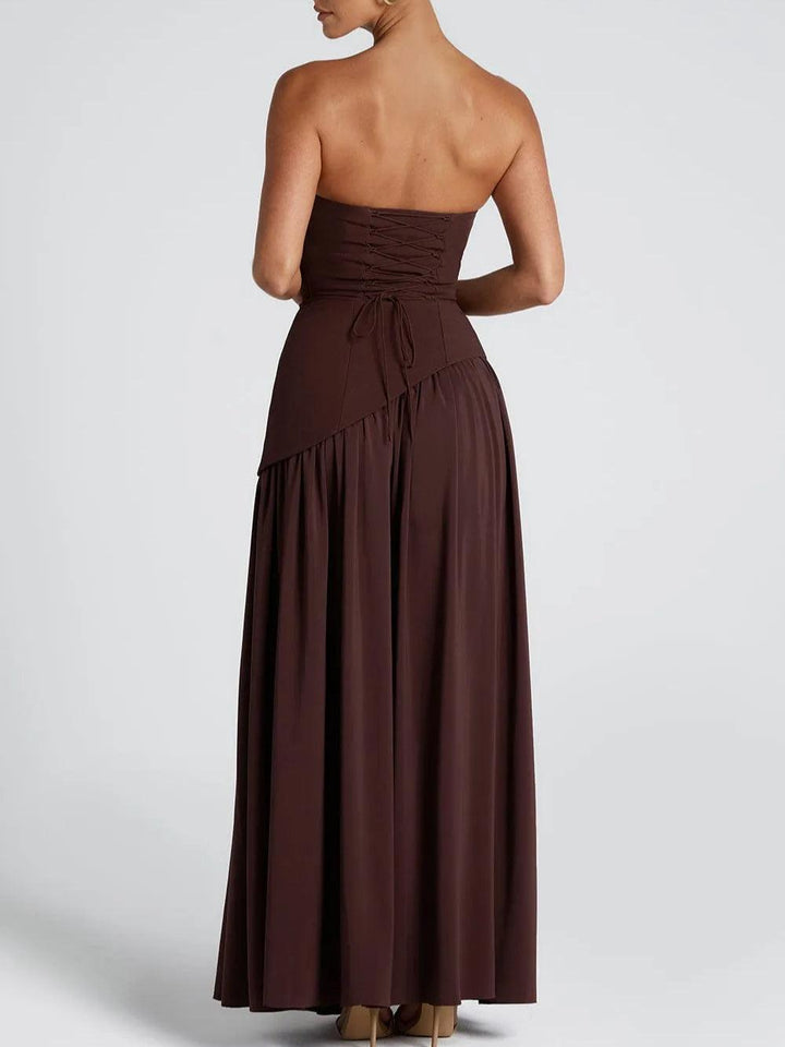 Elegant Satin Maxi Dress for Women with Strapless Scarf Drape High Slit Flowing Formal Wedding Guest Style