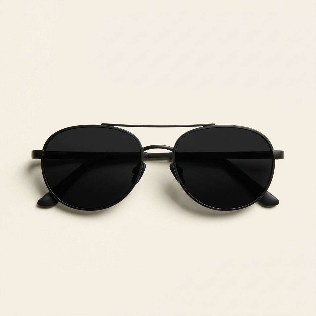 Manon oval aviator sunglasses in matte black with dark lenses, against a cream studio backdrop