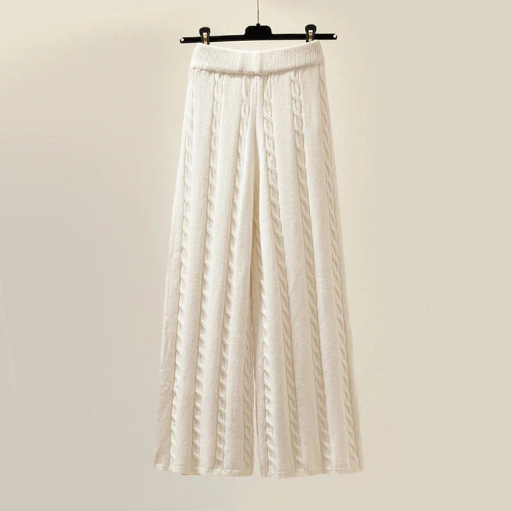 Comfortable White Knit Three Piece Set for Women with High Neck Sweater Puffer Vest Wide Leg Pant Casual Style
