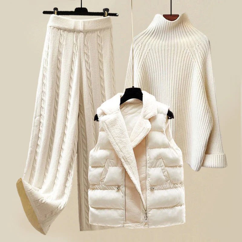 Comfortable White Knit Three Piece Set for Women with High Neck Sweater Puffer Vest Wide Leg Pant Casual Style