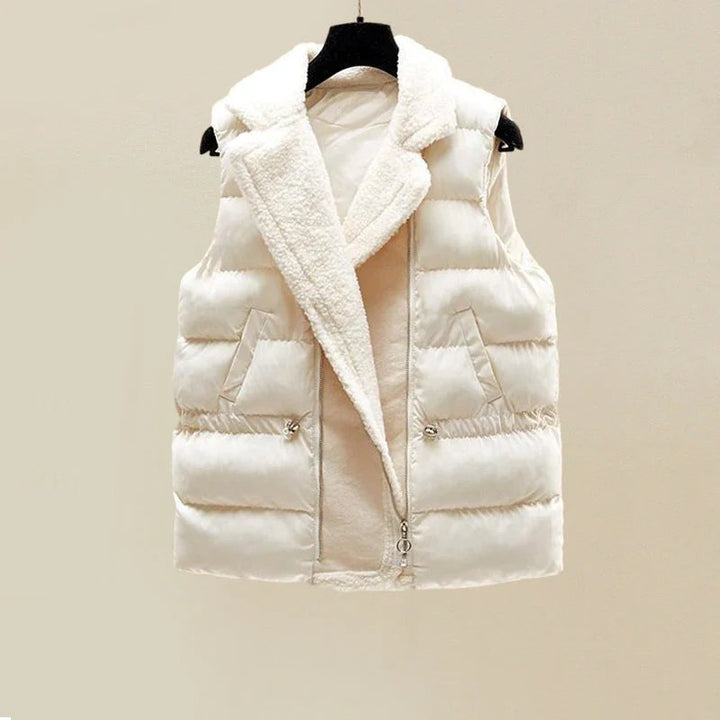 Comfortable White Knit Three Piece Set for Women with High Neck Sweater Puffer Vest Wide Leg Pant Casual Style