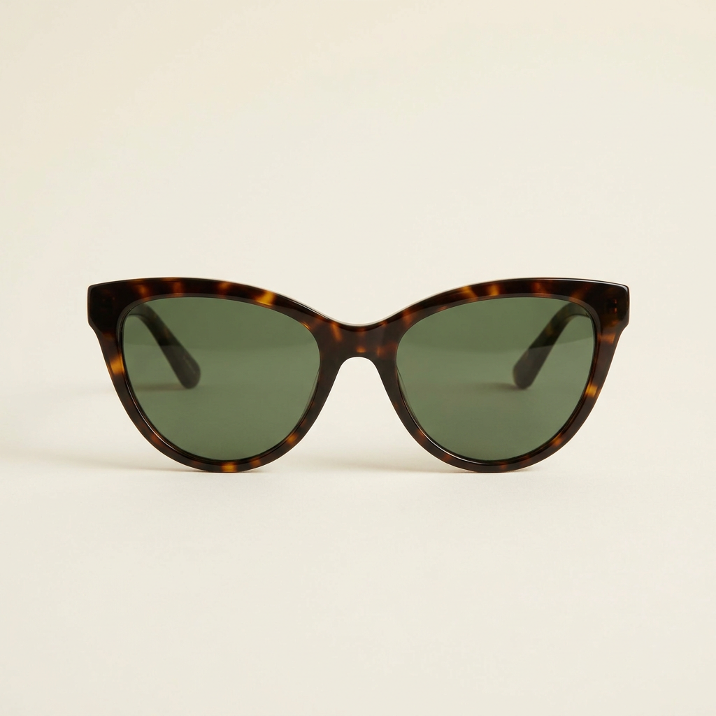 Mireille polarised cat-eye sunglasses in dark tortoiseshell with green lenses, against a cream studio backdrop
