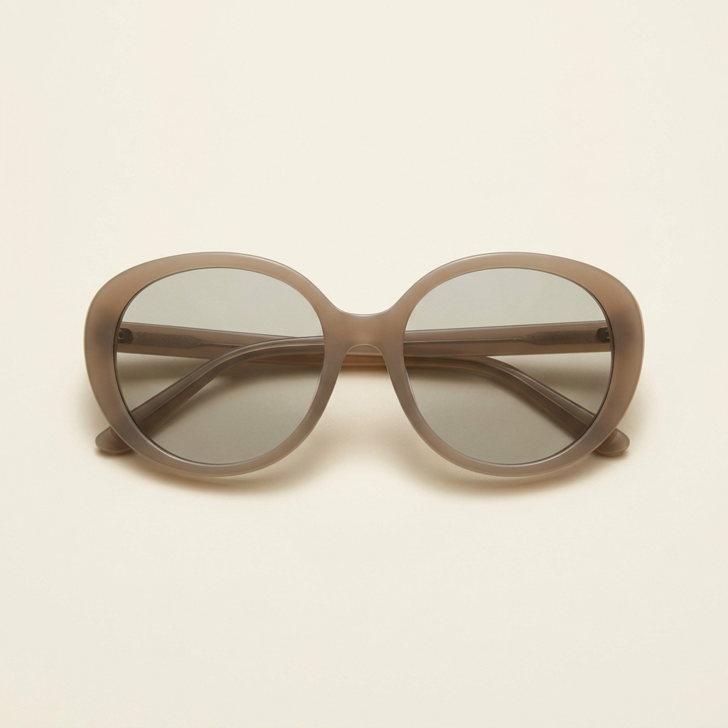 Noemie oversized rounded sunglasses in greige taupe with smoke lenses, against a cream studio backdrop