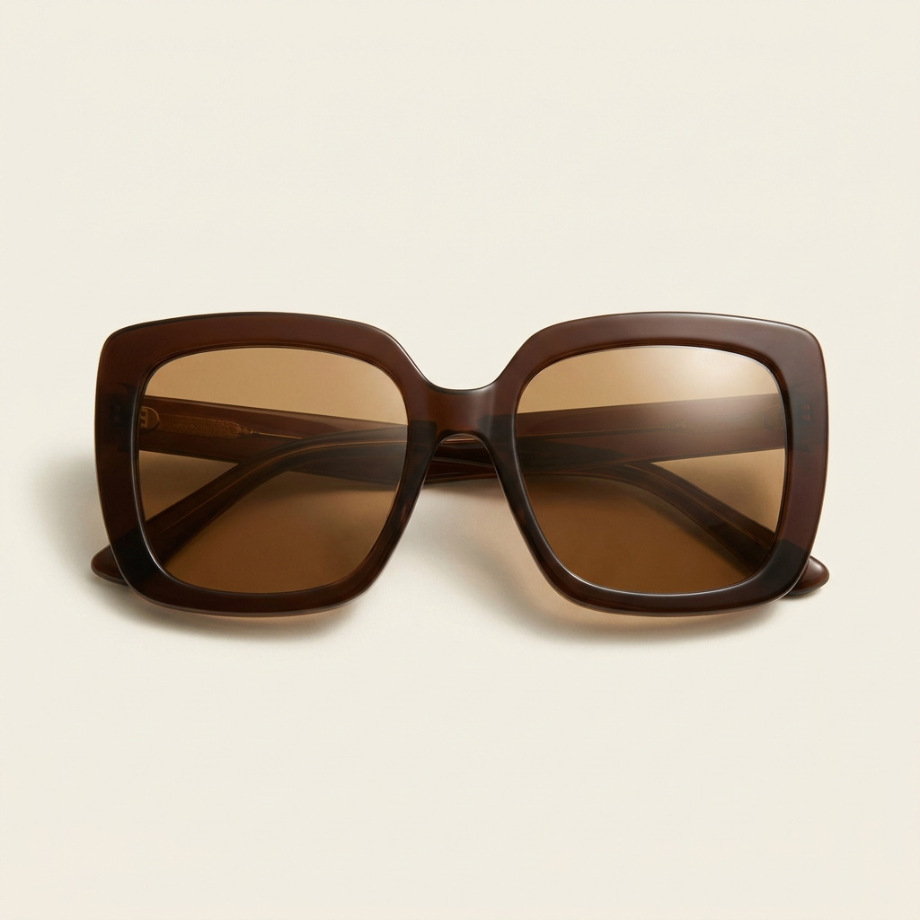 Roxane oversized wide-lens sunglasses in chocolate brown with bronze lenses, against a cream studio backdrop