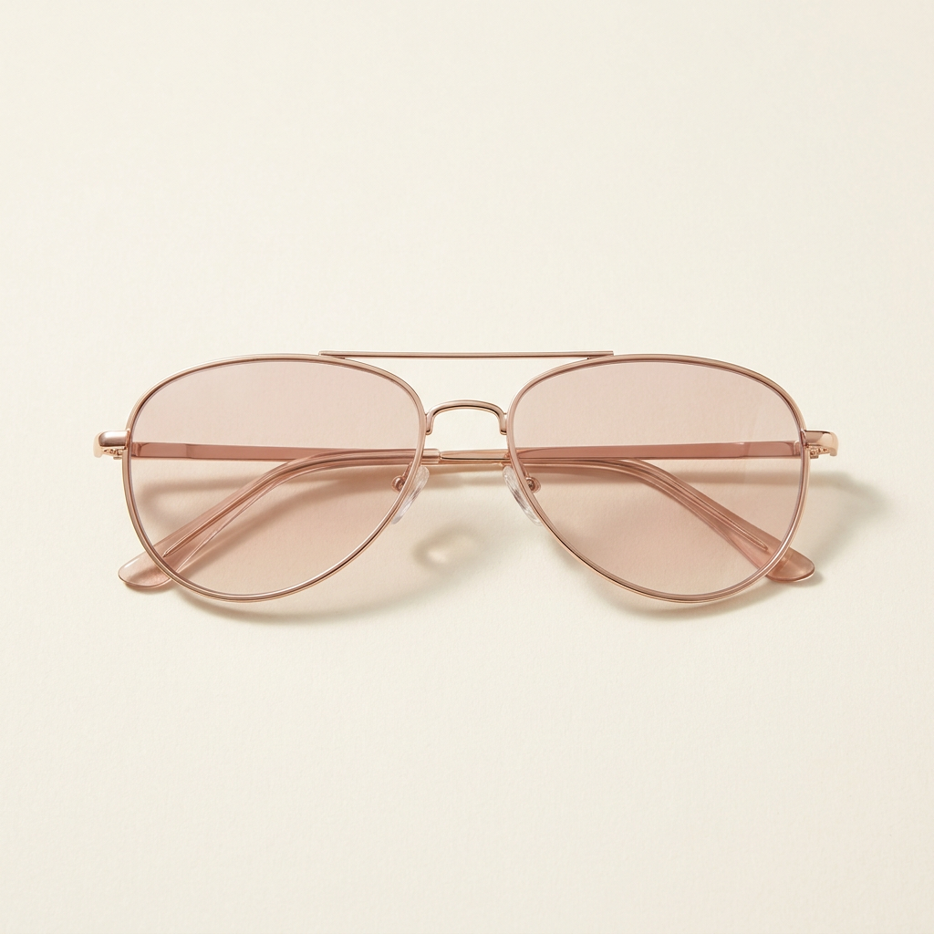 Solene slim aviator sunglasses in rose gold with blush lenses, against a cream studio backdrop