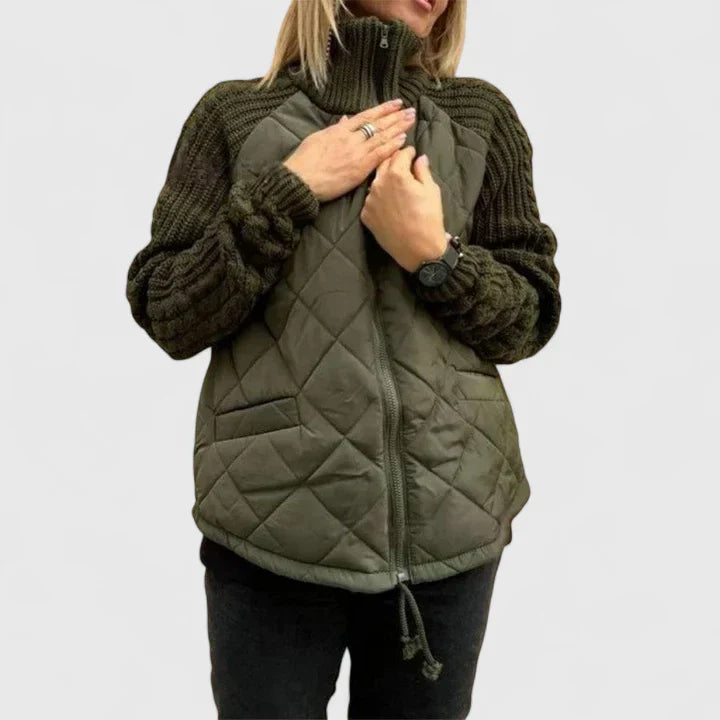 Comfortable Quilted Knit Sweater Jacket for Women with High Neck Long Sleeve Zip Front Casual Style