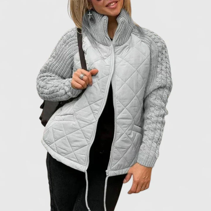 Comfortable Quilted Knit Sweater Jacket for Women with High Neck Long Sleeve Zip Front Casual Style