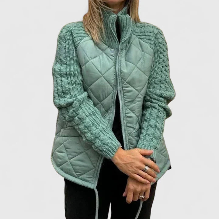 Comfortable Quilted Knit Sweater Jacket for Women with High Neck Long Sleeve Zip Front Casual Style