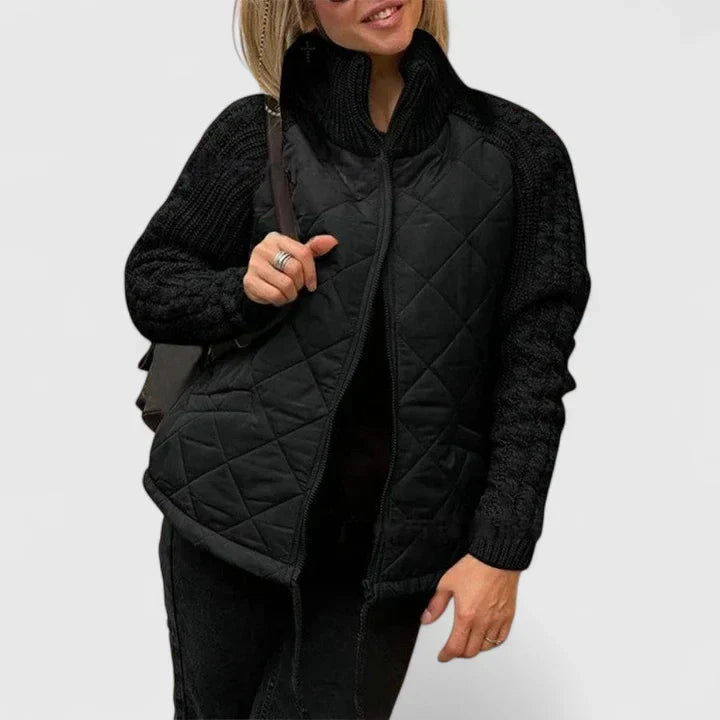 Comfortable Quilted Knit Sweater Jacket for Women with High Neck Long Sleeve Zip Front Casual Style