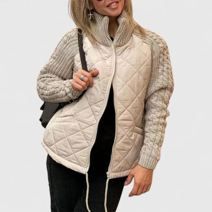 Comfortable Quilted Knit Sweater Jacket for Women with High Neck Long Sleeve Zip Front Casual Style