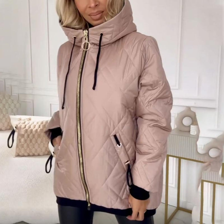 Comfortable Quilted Jacket for Women with Hooded High Neck Long Sleeve Zip Front Drawstring Relaxed Style