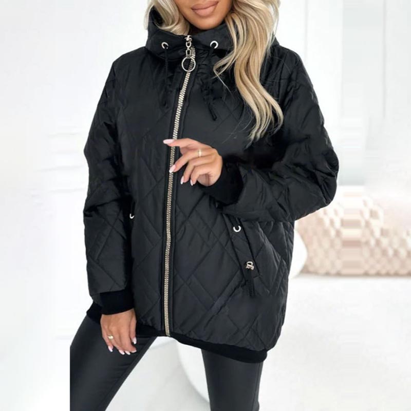 Comfortable Quilted Jacket for Women with Hooded High Neck Long Sleeve Zip Front Drawstring Relaxed Style