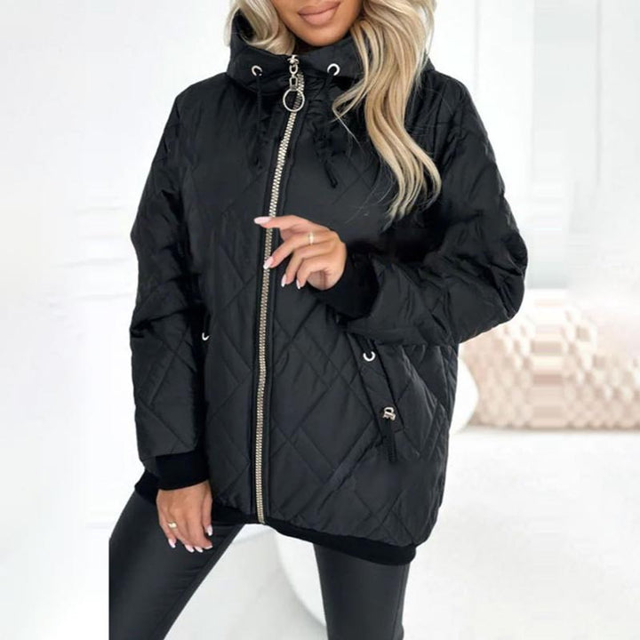 Comfortable Quilted Jacket for Women with Hooded High Neck Long Sleeve Zip Front Drawstring Relaxed Style