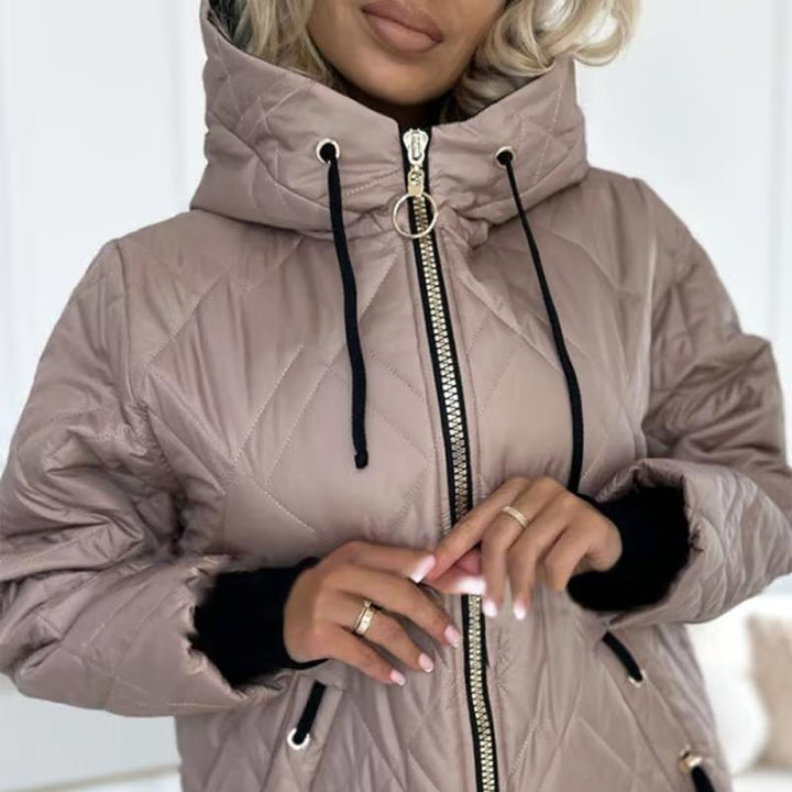 Comfortable Quilted Jacket for Women with Hooded High Neck Long Sleeve Zip Front Drawstring Relaxed Style