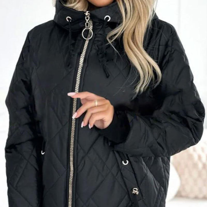 Comfortable Quilted Jacket for Women with Hooded High Neck Long Sleeve Zip Front Drawstring Relaxed Style