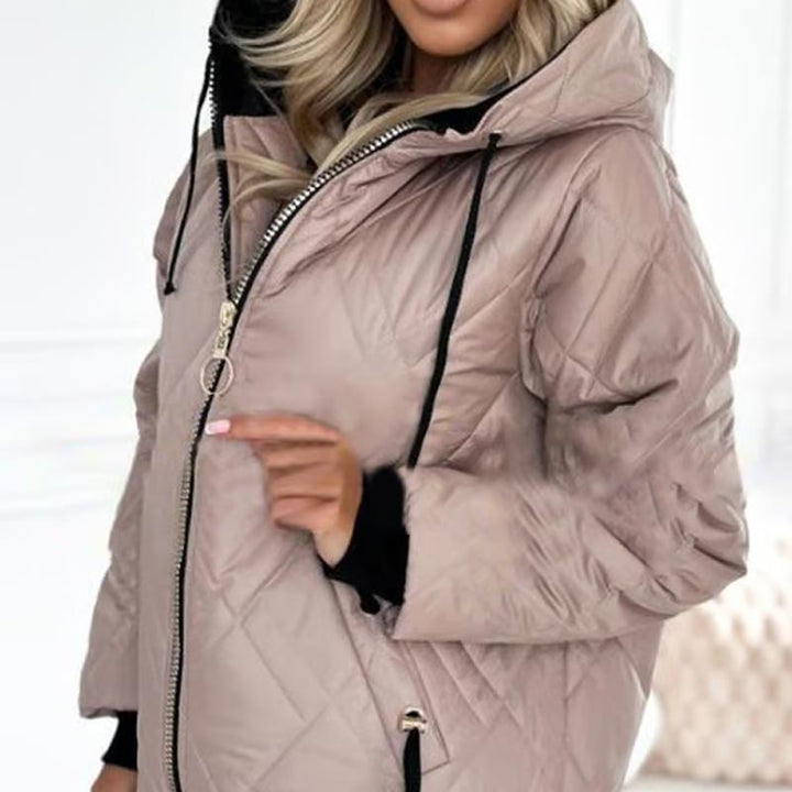 Comfortable Quilted Jacket for Women with Hooded High Neck Long Sleeve Zip Front Drawstring Relaxed Style