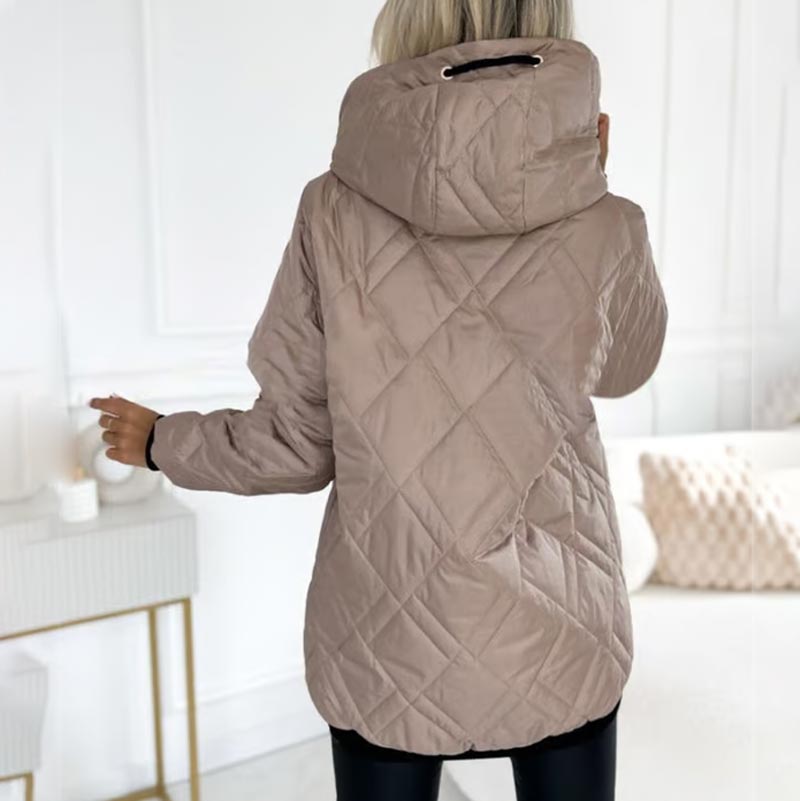 Comfortable Quilted Jacket for Women with Hooded High Neck Long Sleeve Zip Front Drawstring Relaxed Style