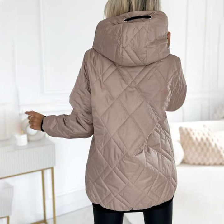 Comfortable Quilted Jacket for Women with Hooded High Neck Long Sleeve Zip Front Drawstring Relaxed Style