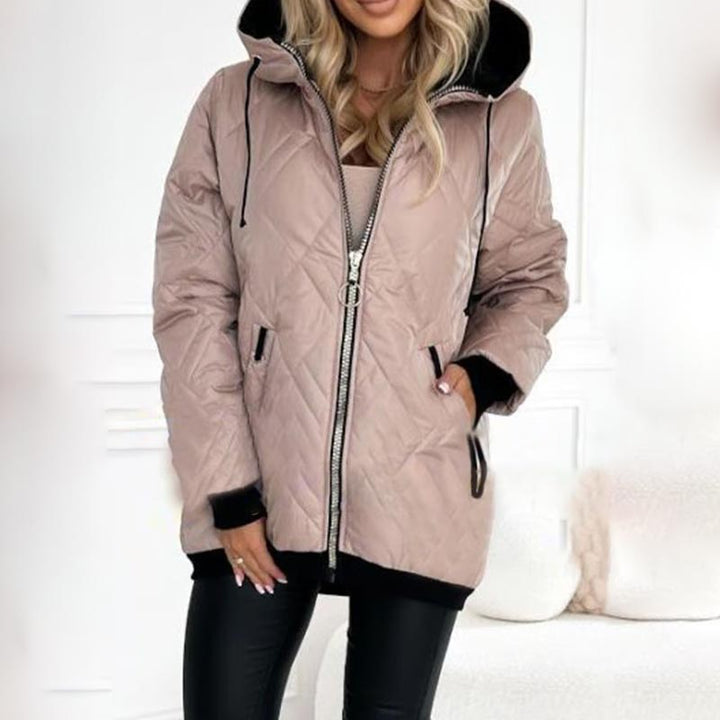 Comfortable Quilted Jacket for Women with Hooded High Neck Long Sleeve Zip Front Drawstring Relaxed Style