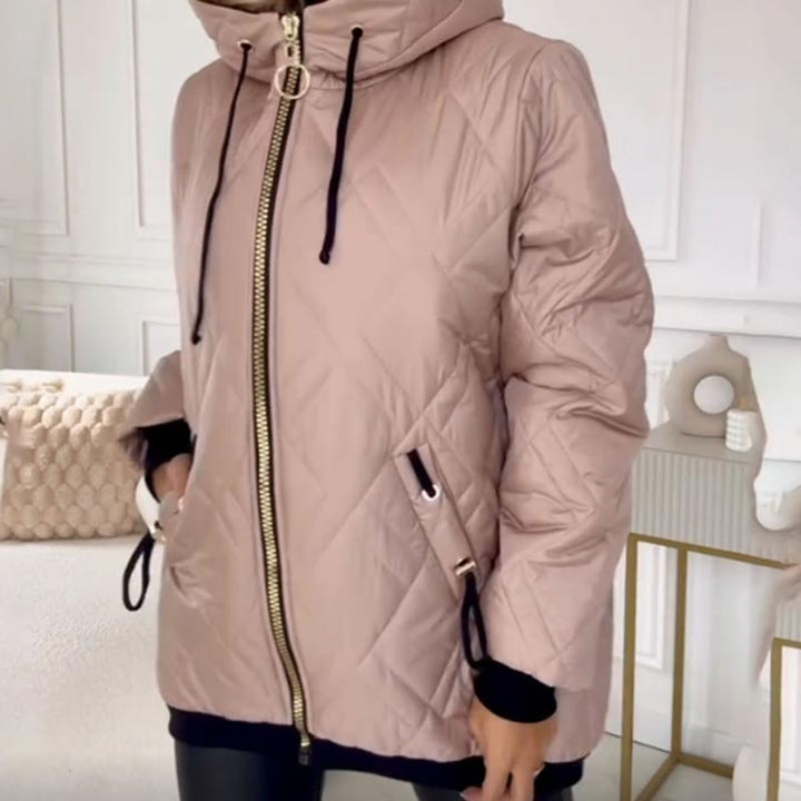 Comfortable Quilted Jacket for Women with Hooded High Neck Long Sleeve Zip Front Drawstring Relaxed Style