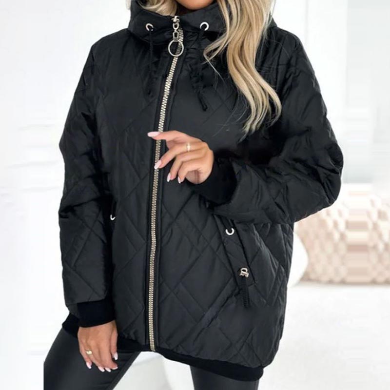 Comfortable Quilted Jacket for Women with Hooded High Neck Long Sleeve Zip Front Drawstring Relaxed Style