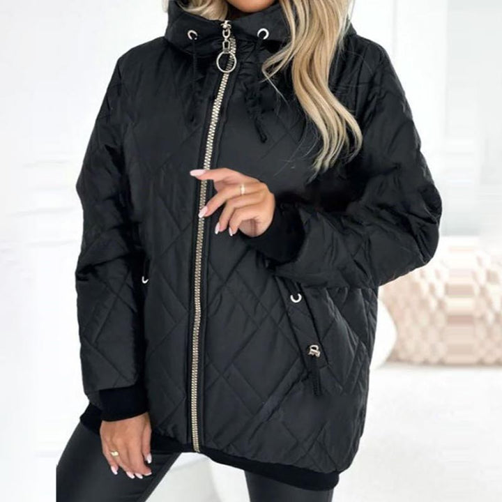Comfortable Quilted Jacket for Women with Hooded High Neck Long Sleeve Zip Front Drawstring Relaxed Style
