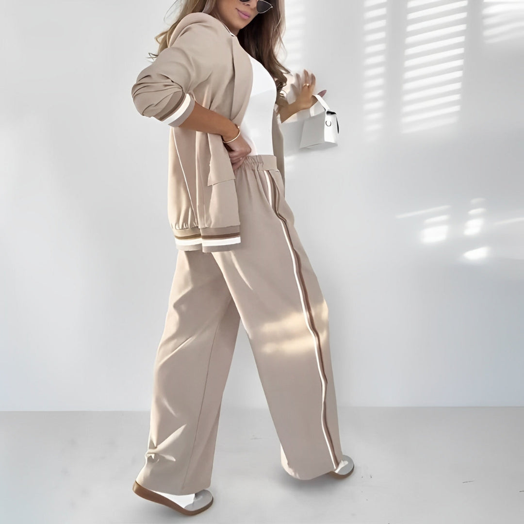 Elegant Striped Two Piece Set for Women with Notch Lapel Blazer Wide Leg Pant Formal Style