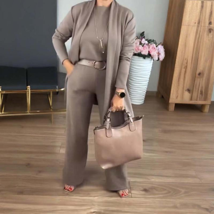 Elegant Three Piece Set for Women with Round Neck Top Open Front Cardigan Wide Leg Pant Formal Style