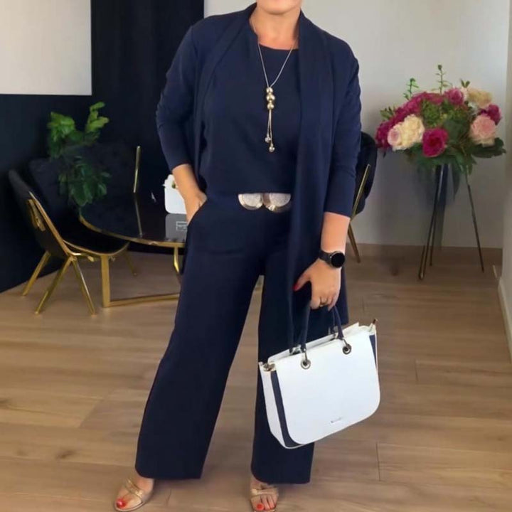 Elegant Three Piece Set for Women with Round Neck Top Open Front Cardigan Wide Leg Pant Formal Style