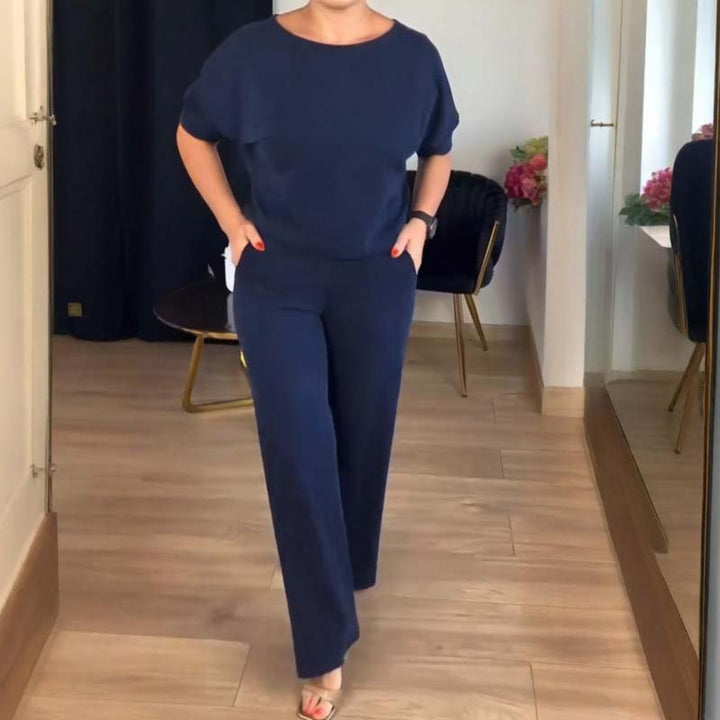 Elegant Three Piece Set for Women with Round Neck Top Open Front Cardigan Wide Leg Pant Formal Style