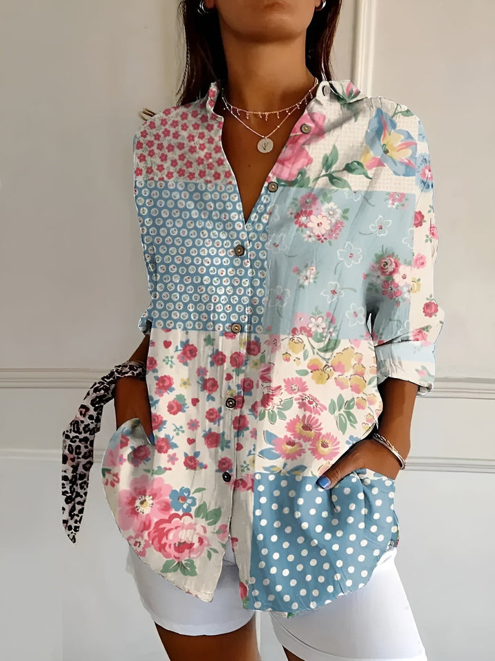 Effortless Floral Blouse for Women with Collar Long Sleeve Button Front Relaxed Flowing Style