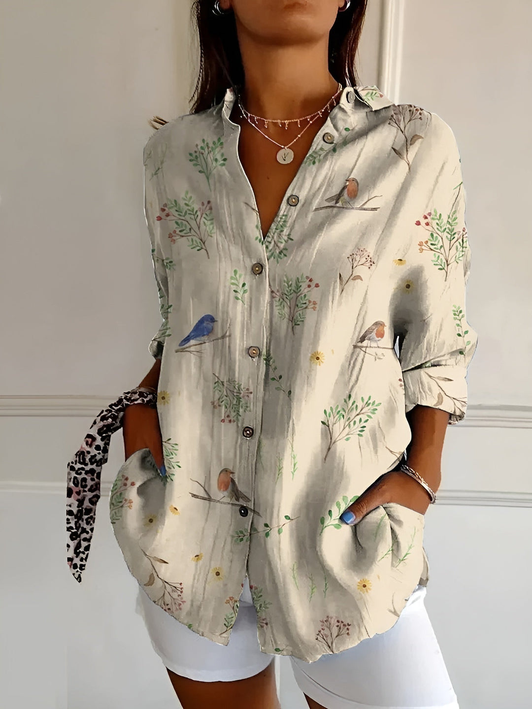 Effortless Floral Blouse for Women with Collar Long Sleeve Button Front Relaxed Flowing Style