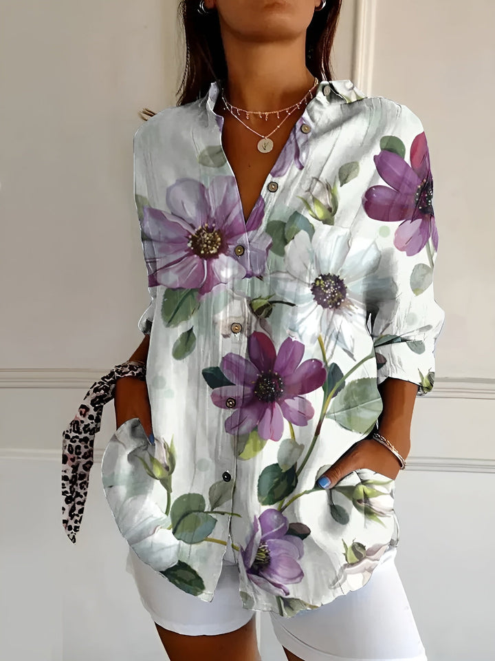 Effortless Floral Blouse for Women with Collar Long Sleeve Button Front Relaxed Flowing Style