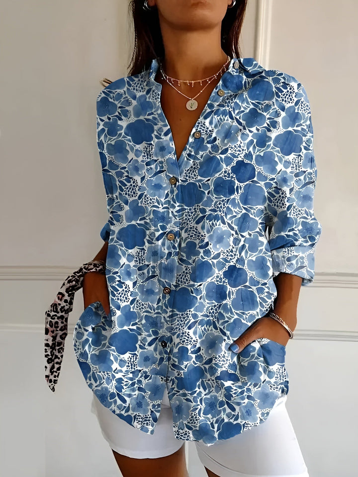 Effortless Floral Blouse for Women with Collar Long Sleeve Button Front Relaxed Flowing Style