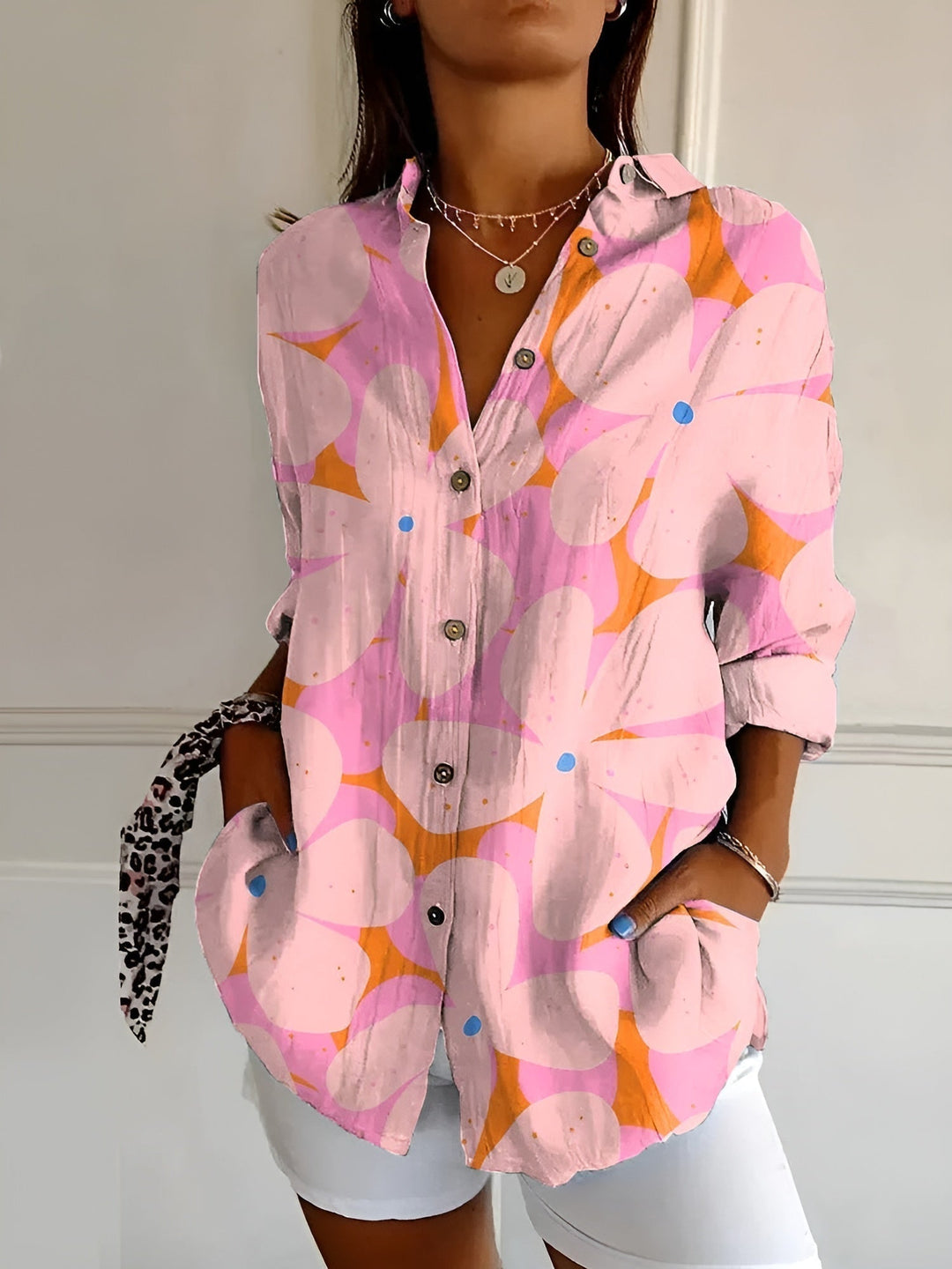 Effortless Floral Blouse for Women with Collar Long Sleeve Button Front Relaxed Flowing Style