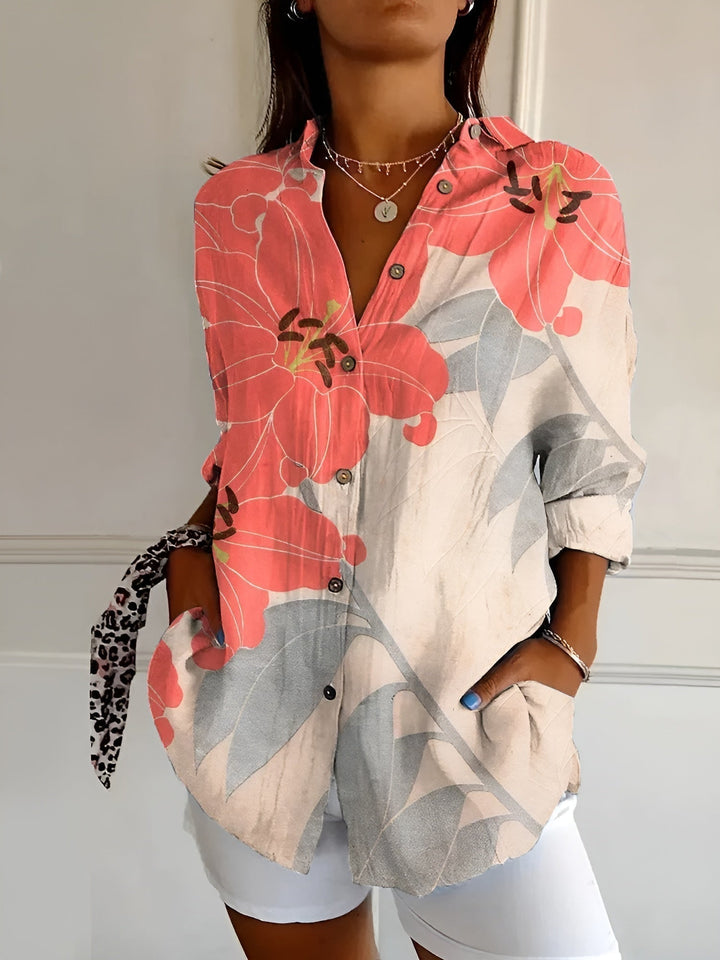 Effortless Floral Blouse for Women with Collar Long Sleeve Button Front Relaxed Flowing Style