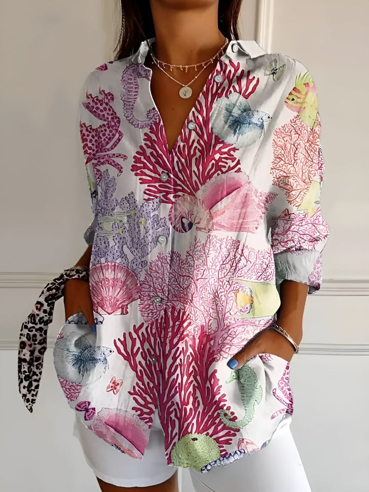 Effortless Floral Blouse for Women with Collar Long Sleeve Button Front Relaxed Flowing Style