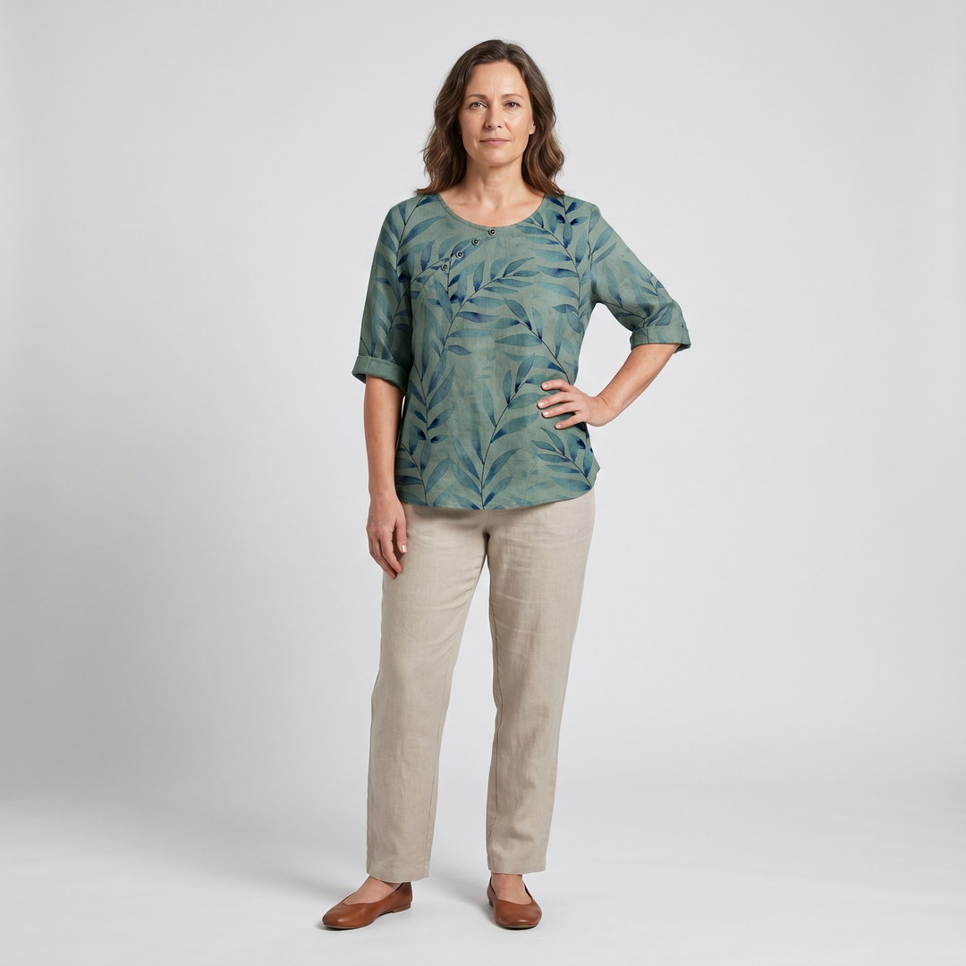 Effortless Botanical Print Linen Blouse for Women with Round Neck Elbow Sleeve Button Placket Relaxed Style
