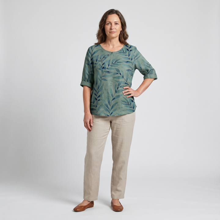 Effortless Botanical Print Linen Blouse for Women with Round Neck Elbow Sleeve Button Placket Relaxed Style