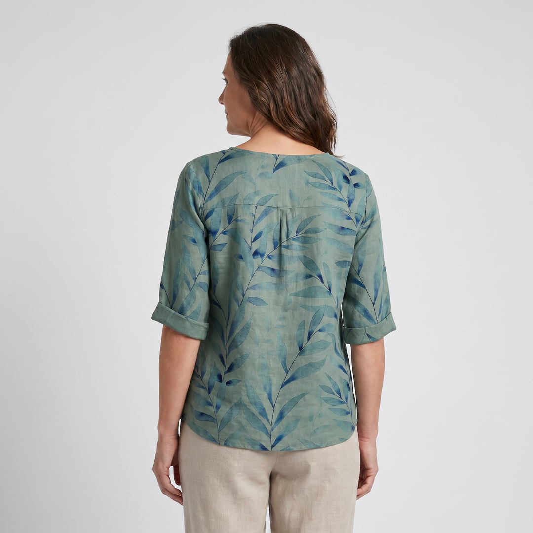 Effortless Botanical Print Linen Blouse for Women with Round Neck Elbow Sleeve Button Placket Relaxed Style