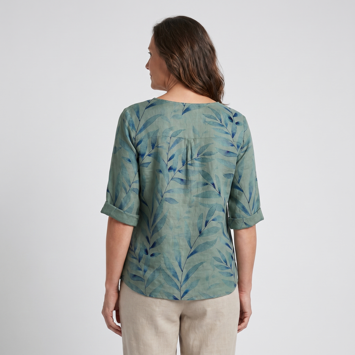 Effortless Botanical Print Linen Blouse for Women with Round Neck Elbow Sleeve Button Placket Relaxed Style