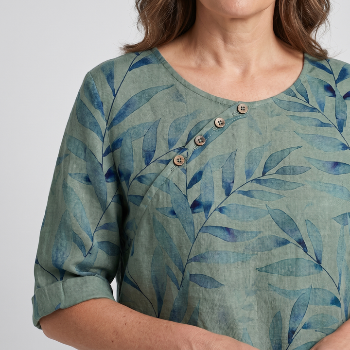 Effortless Botanical Print Linen Blouse for Women with Round Neck Elbow Sleeve Button Placket Relaxed Style