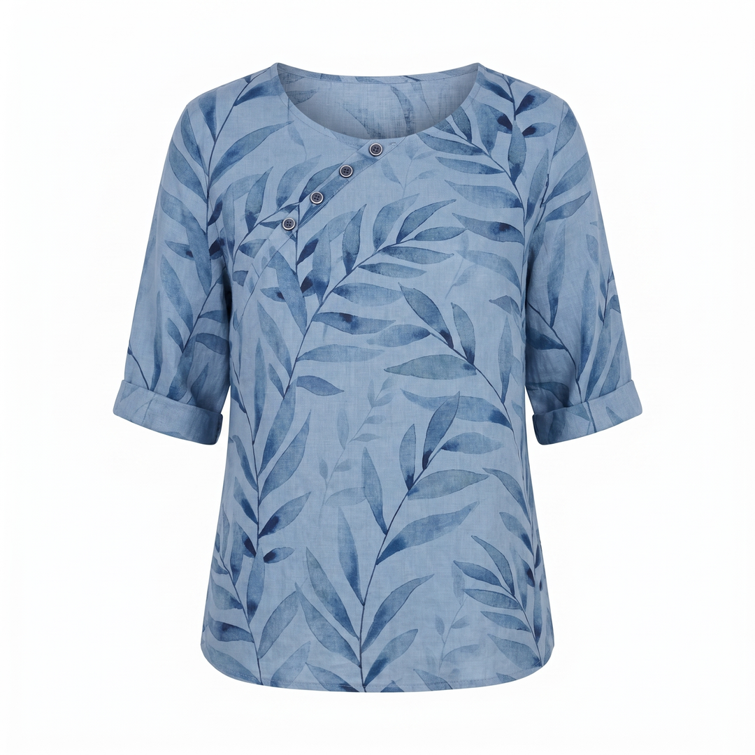 Effortless Botanical Print Linen Blouse for Women with Round Neck Elbow Sleeve Button Placket Relaxed Style