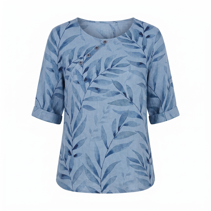 Effortless Botanical Print Linen Blouse for Women with Round Neck Elbow Sleeve Button Placket Relaxed Style